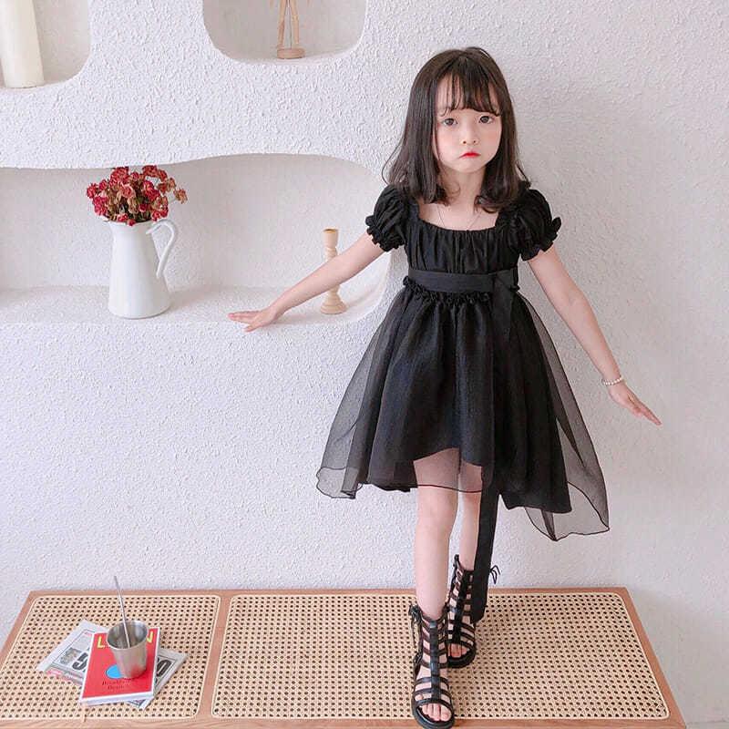 DONGSHOP HOT Cô gái công chúa váy 2021 mùa hè trẻ em màu đen retro khí chất tuxedo đầm đầm cổ tích đầm