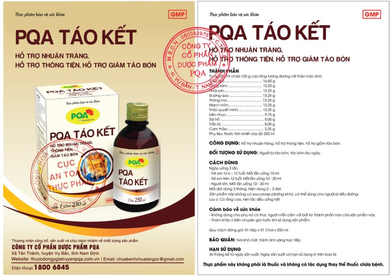 Táo Kết PQA Thành Phần Thiên Nhiên Hỗ Trợ Nhuận Tràng, Thông Tiện, Giảm Táo Bón Hộp 250ml