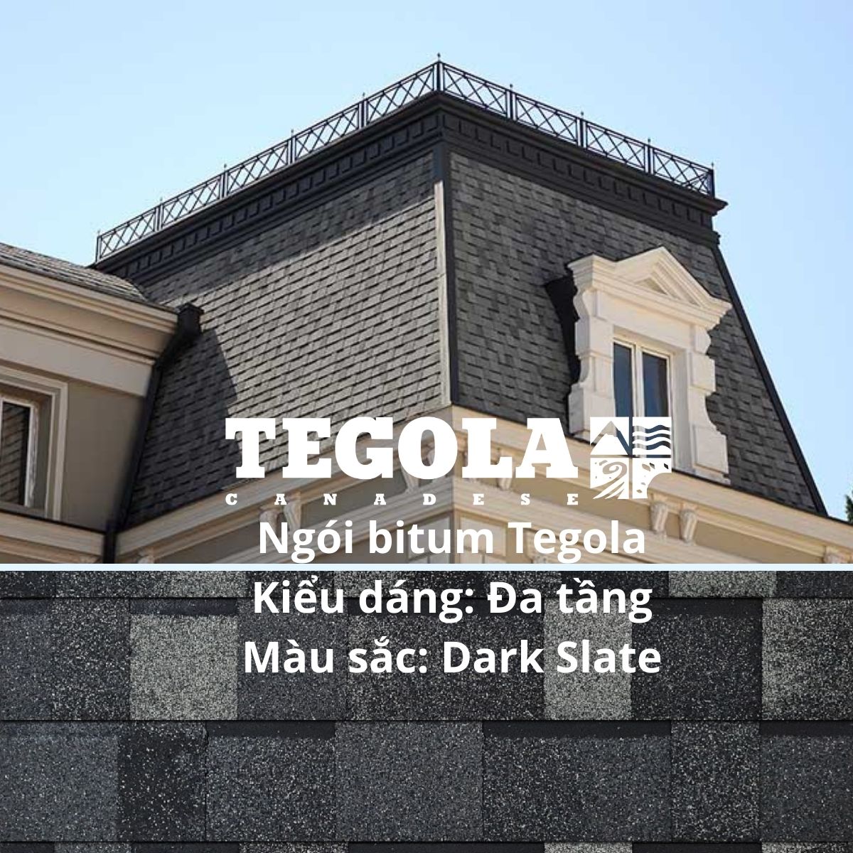 Tấm lợp bitum Tegola Đa tầng Dark Slate - tấm dán phủ đá cao cấp từ nhà máy Ý cho mái biệt thự, nhà phố, nhà gỗ, nhà tiền chế, bungalow - 2m2/gói