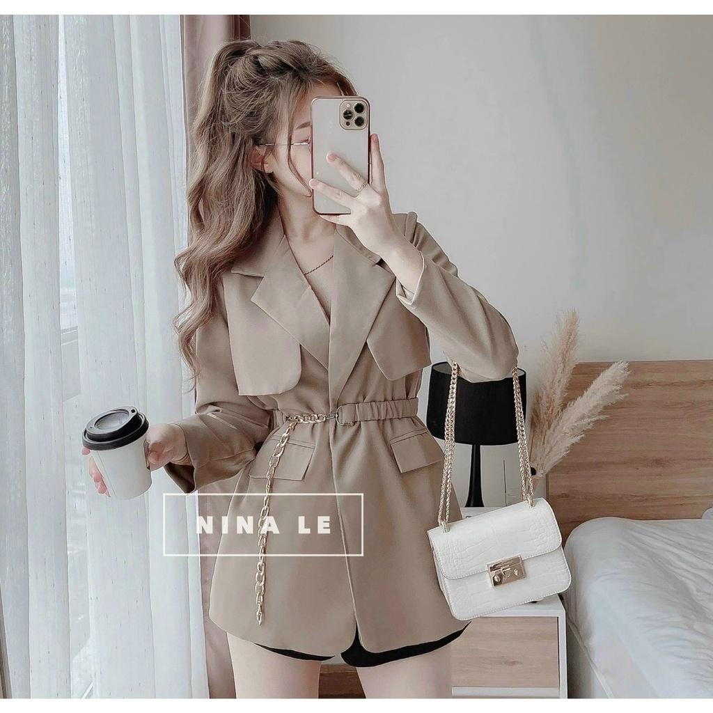 FREE SHIP Sét Bộ Đồ Nữ Áo Cổ Vest Dài Tay Có Dây Nịt Bụng Kèm Quần Short Thiết Kế Sang Chảnh KIM GIA DS