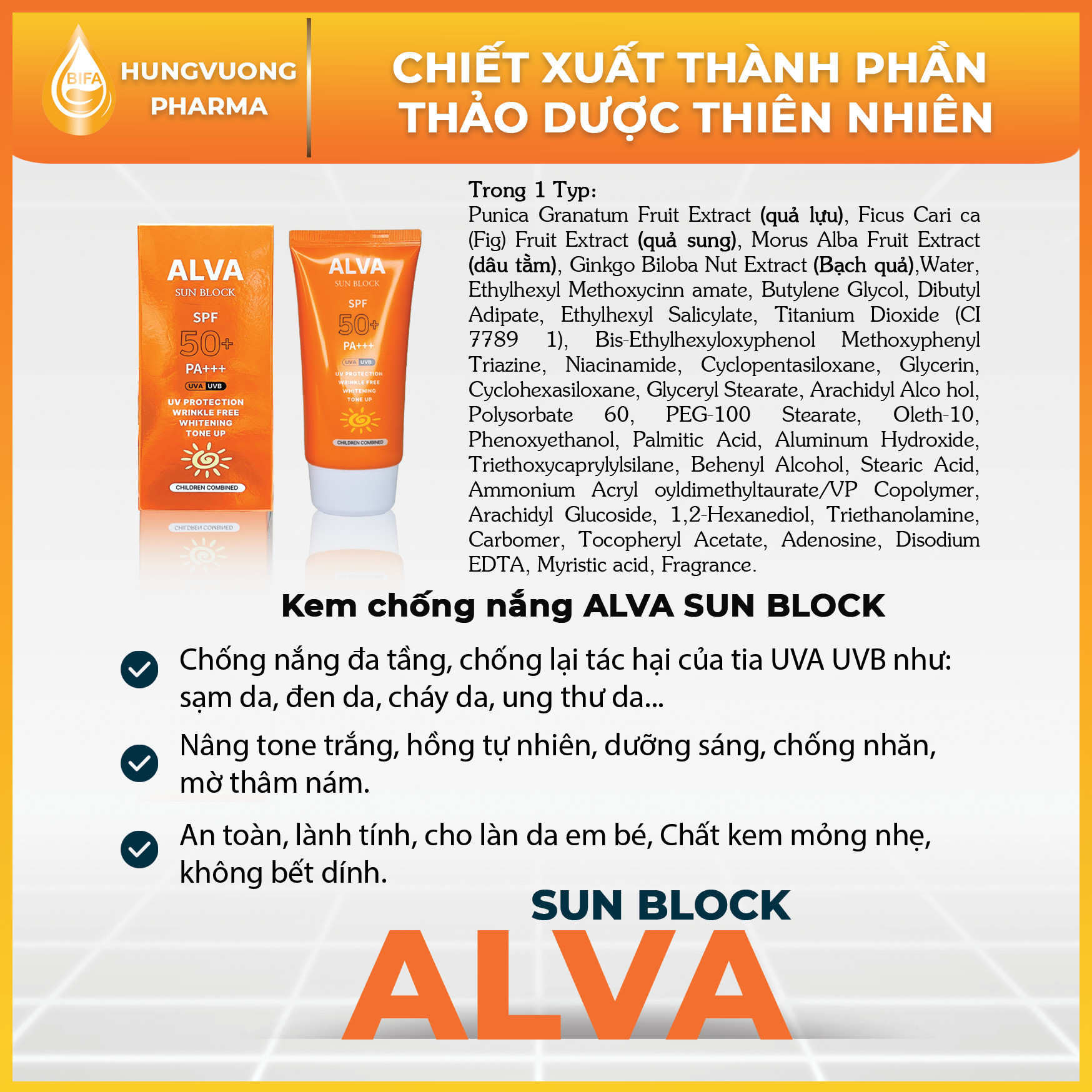 KEM CHỐNG NẮNG ALVA SUN BLOCK SPF50+/PA+++ HÀN QUỐC