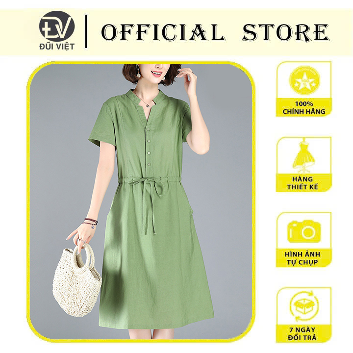 Đầm linen suông cổ tàu ngắn tay, Váy linen suông dài phong cách công sở, eo có dây rút mẫu mới mặc hè Đũi Việt