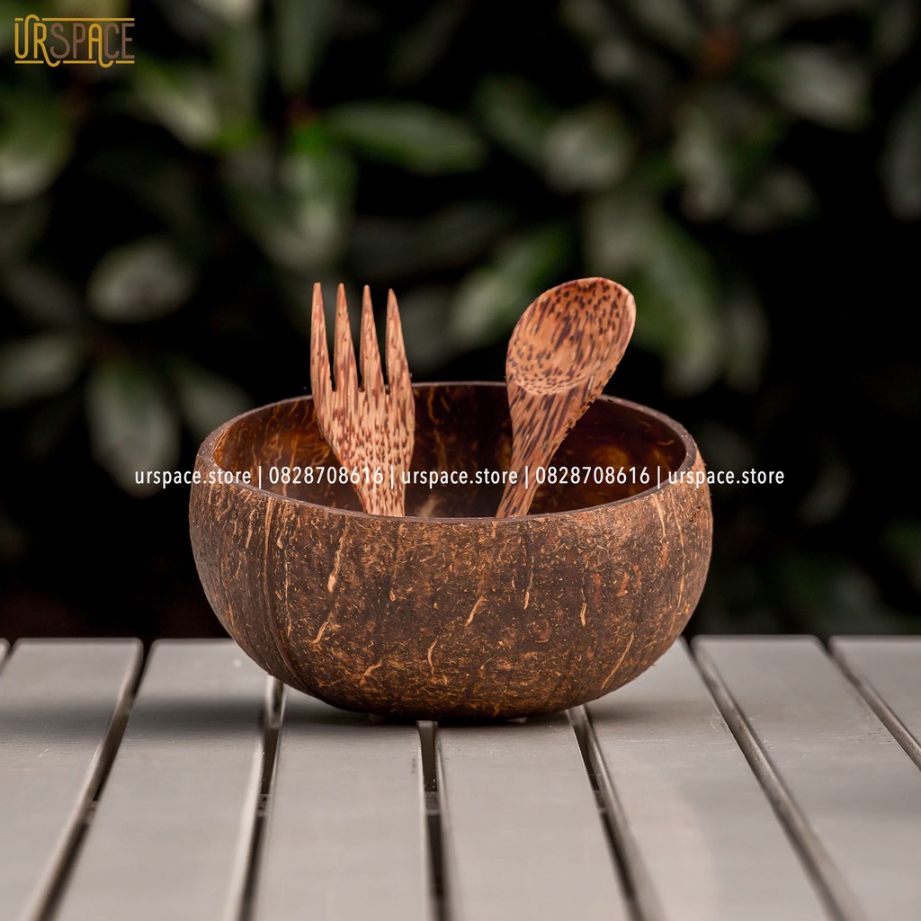 Chén dừa muỗng thìa gỗ dừa URSPACE trộn ngũ cốc salad