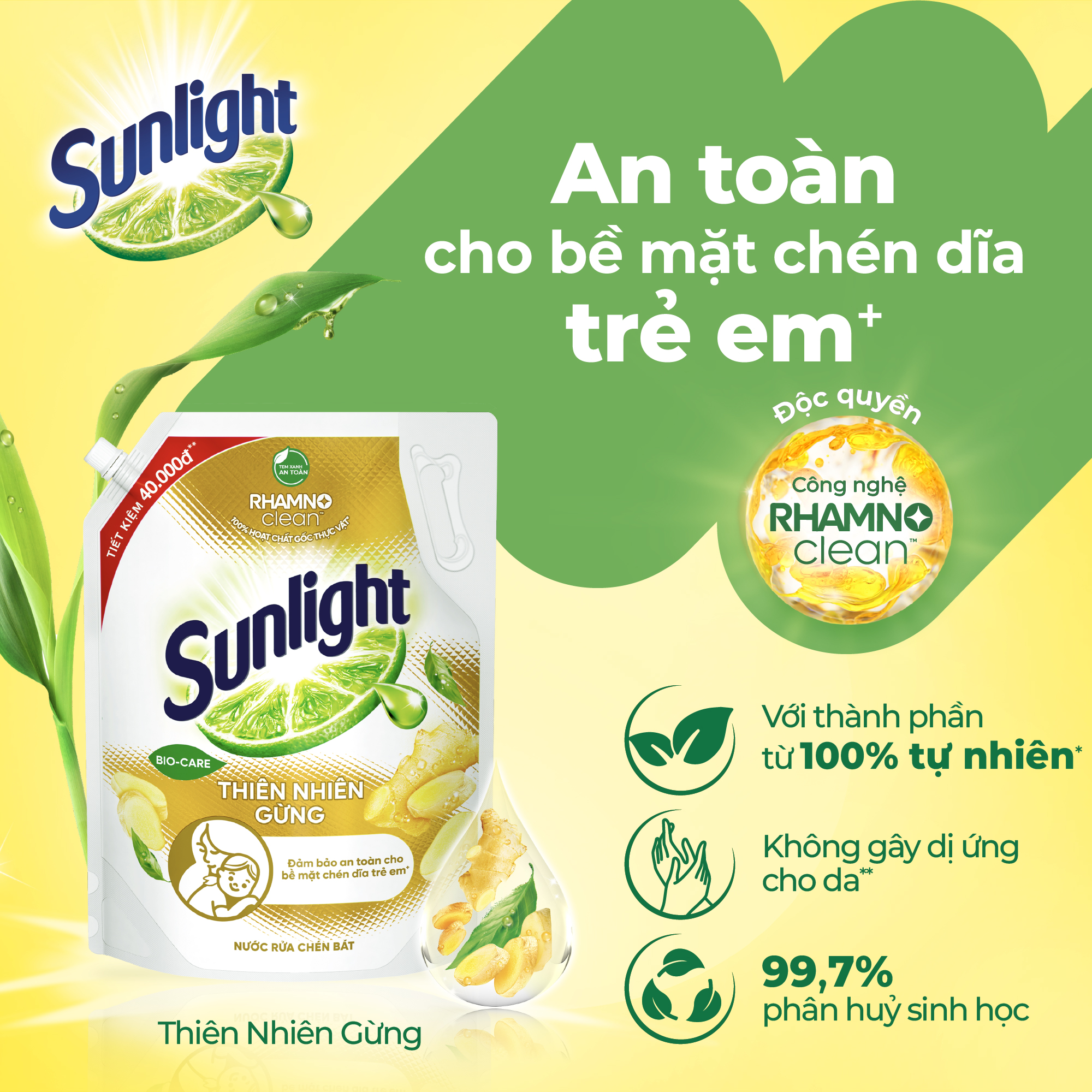 Nước Rửa Chén Sunlight Bio-Care Thiên Nhiên Gừng Dạng Túi, Sạch Dầu Mỡ Dịu Nhẹ Cho Da Tay 3.3kg
