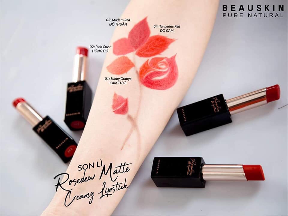 Son lì nhẹ môi Beauskin Rosedew Matte Creamy Hàn Quốc No.03 Đỏ thuần tặng kèm móc khóa