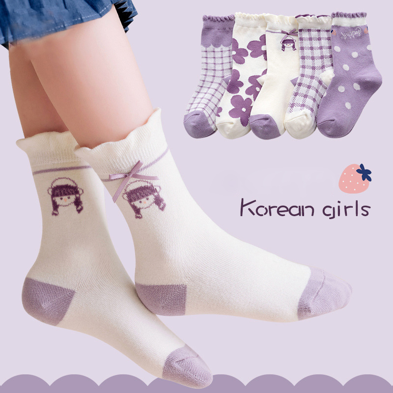 Set 5 đôi tất cao cổ Cotton Korean Girls bé gái sợi bông mềm mại