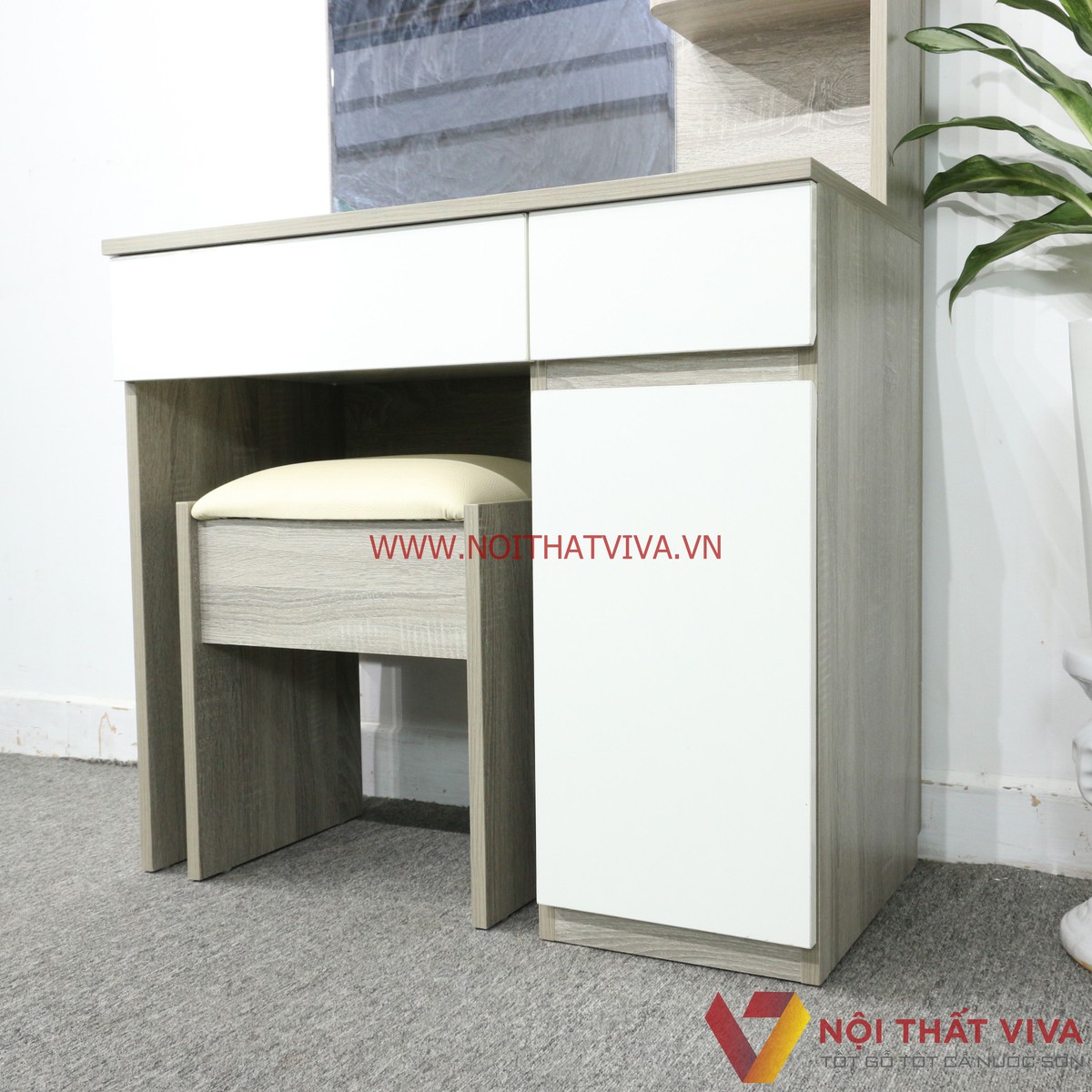 Bàn Trang Điểm Gỗ MDF Melamine 2 Ngăn Kéo Màu Xám Vân Gỗ Cửa Trắng Đẹp