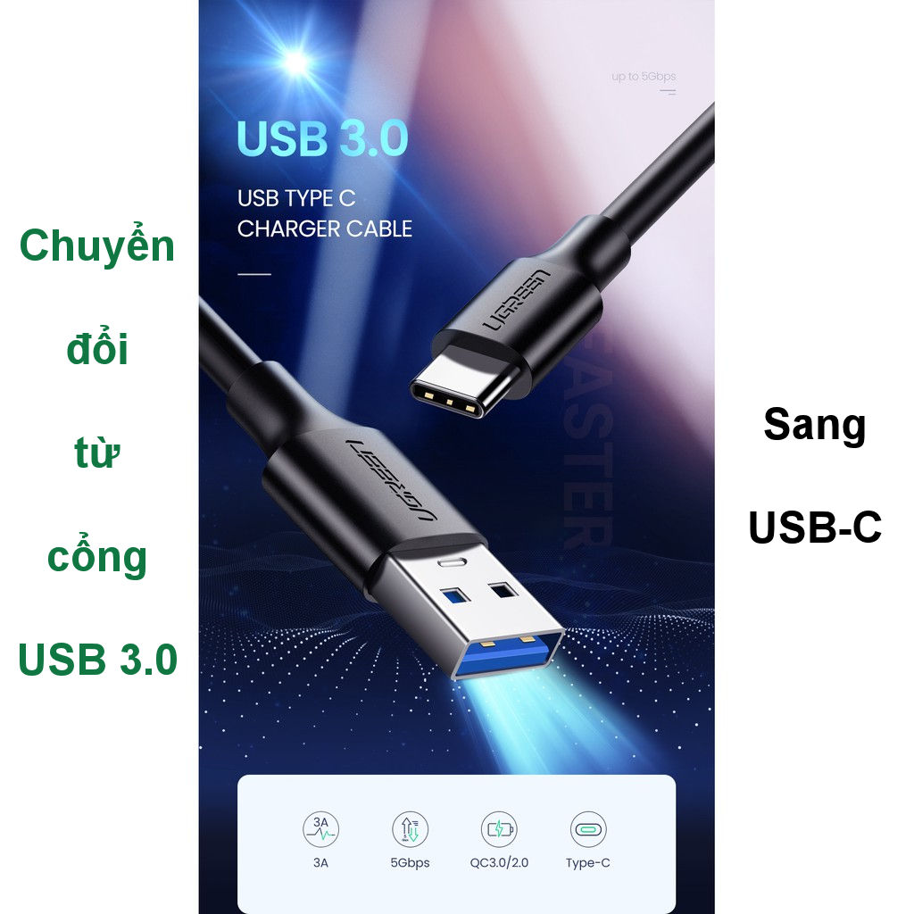 Dây cáp sạc và truyền dữ liệu tốc độ nhanh hãng USB 3.0 sang USB type C UGREEN US184 dòng 3A, dài 0.25m - Hàng nhập khẩu chính hãng