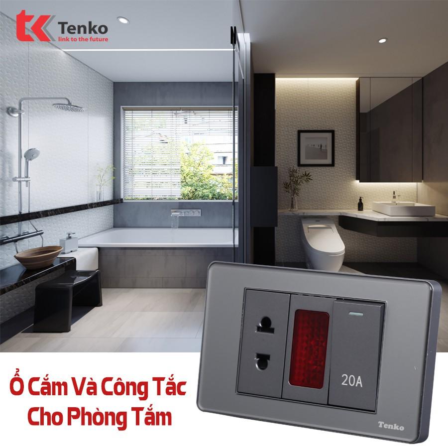 Công Tắc-Ổ Cắm 2 Chấu Âm Tường Mặt PVC Trong Bo Viền Xám - Chống Xước Chống Bạc Màu TENKO TK-C9-G023