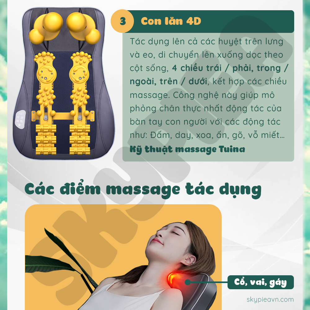 Gối massage hồng ngoại - SKYPIEA - model 2022 SK-2213 - đầu mát-xa cải tiển, con lăn 4D - đệm massage toàn thân