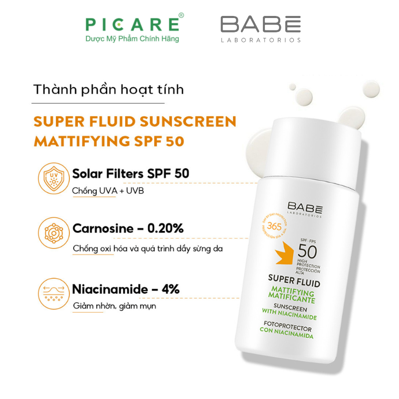 Kem Chống Nắng Babe Super Fluid Mattifying Sunscreen Spf 50 Phổ Rộng, Kiểm Soát Dầu 50ml