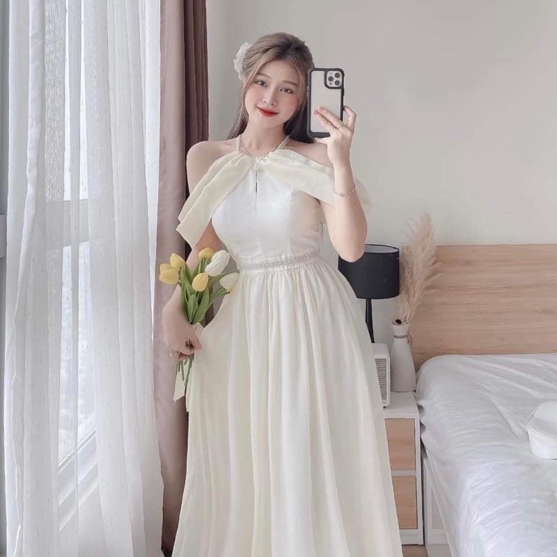 Váy đầm nữ màu trắng dự tiệc dáng xòe cổ tròn đính cườm kiểu trễ vai cực duyên dáng và thanh lịch