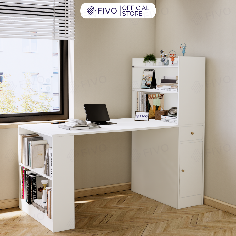 Bàn Học, Bàn Làm Việc Kết Hợp Kệ Sách FD04 FIVO, Gỗ Chống Ẩm Cao Cấp, Lắp Ráp Đơn Giản, Thiết Kế 3 Trong 1
