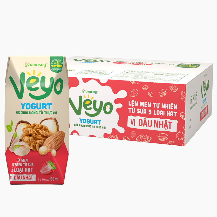 Thùng Sữa chua uống từ thực vật Veyo Yogurt ( 180ml x 30 Hộp) - Vị Dâu Tây Nhật