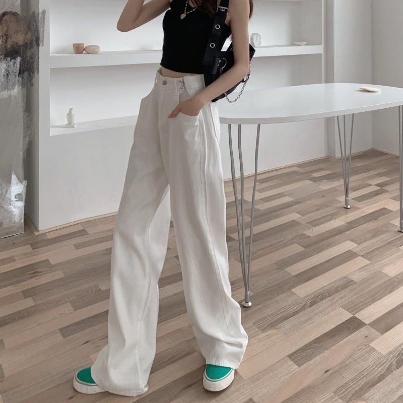 Quần jean trắng Quần bò nữ ống rộng dài form unisex dành cho nữ PHULA ống đứng style Ulzzang