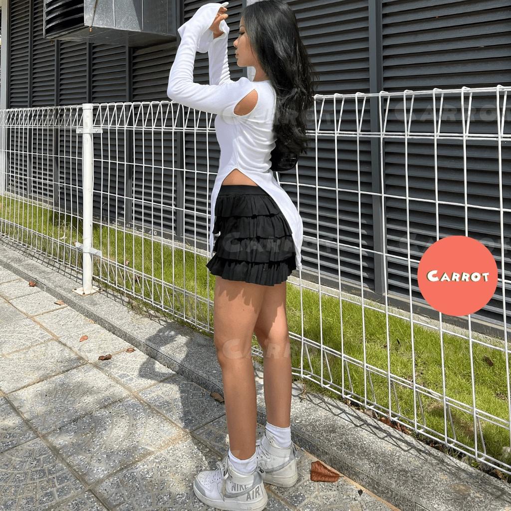 Áo croptop ôm tay dài trắng chân váy tầng ôm eo tôn dáng trendy thời trang nữ carrotxinhdep