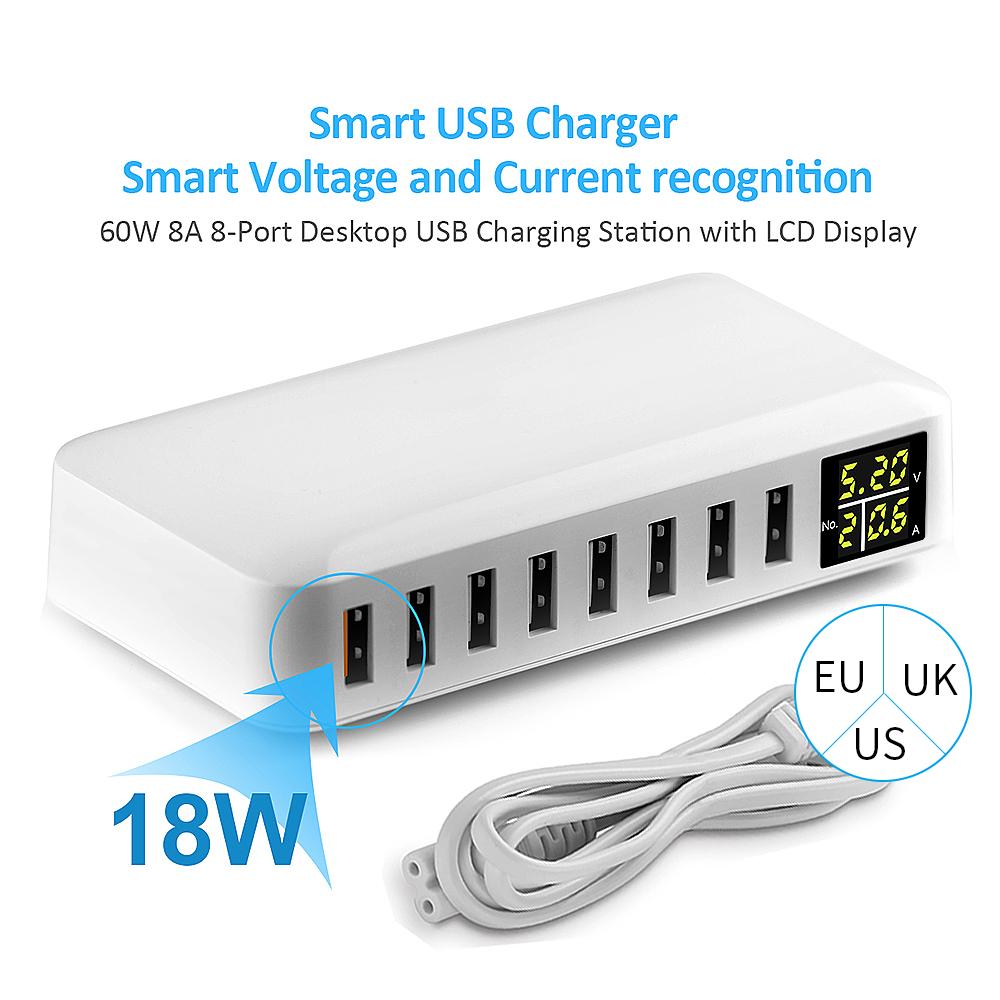 Trạm sạc thông minh USB 8 cổng để bàn 60W 8A với màn hình LED ệ Nhận biết dòng điện và điện áp thông minh