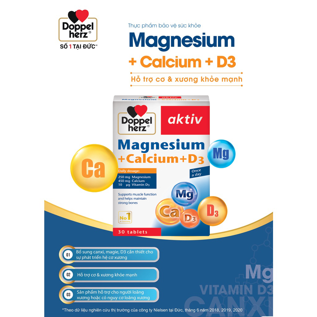 Viên uống bổ sung Canxi phòng ngừa loãng xương Doppelherz Magnesium + Calcium + D3