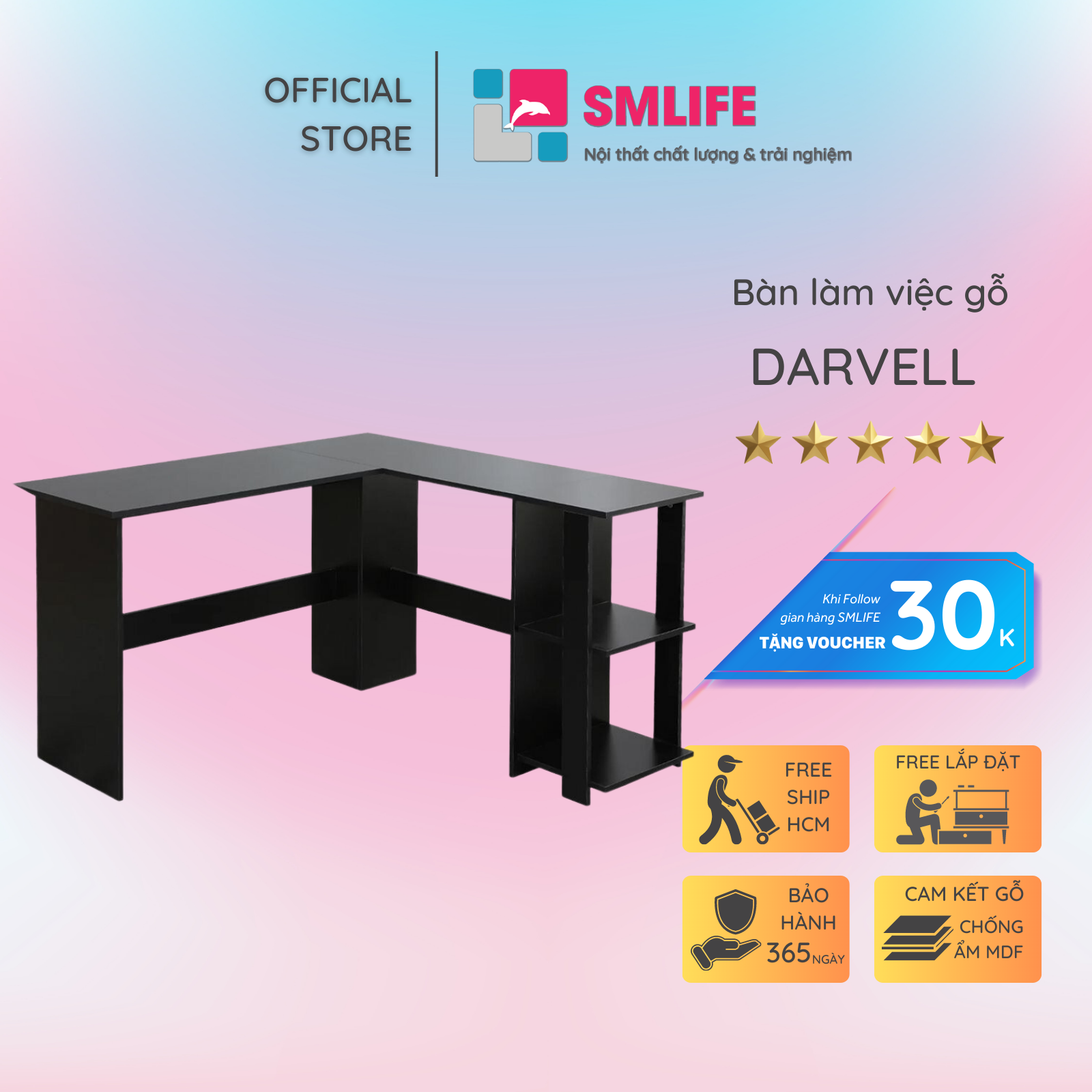 Bàn làm việc chữ L độc đáo SMLIFE Darvell