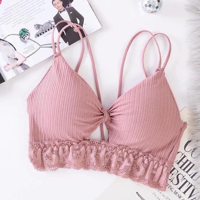 Áo Ngực Bra. Áo Lót bra thắt nơ phối viền ren chữ in ẩn cao cấp