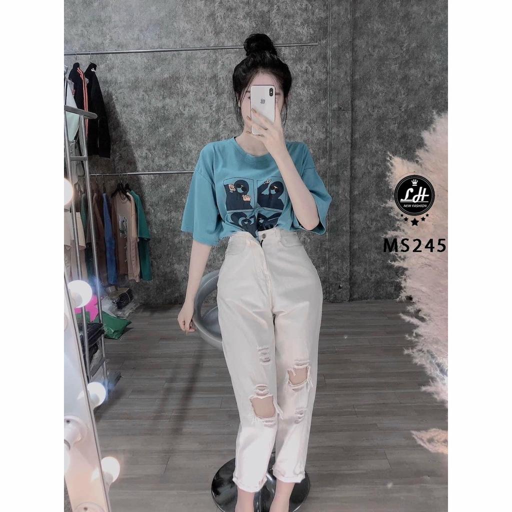 Quần bò baggy trắng rách gối hai bên cá tính cho nàng Lê Huy fashion ms 245
