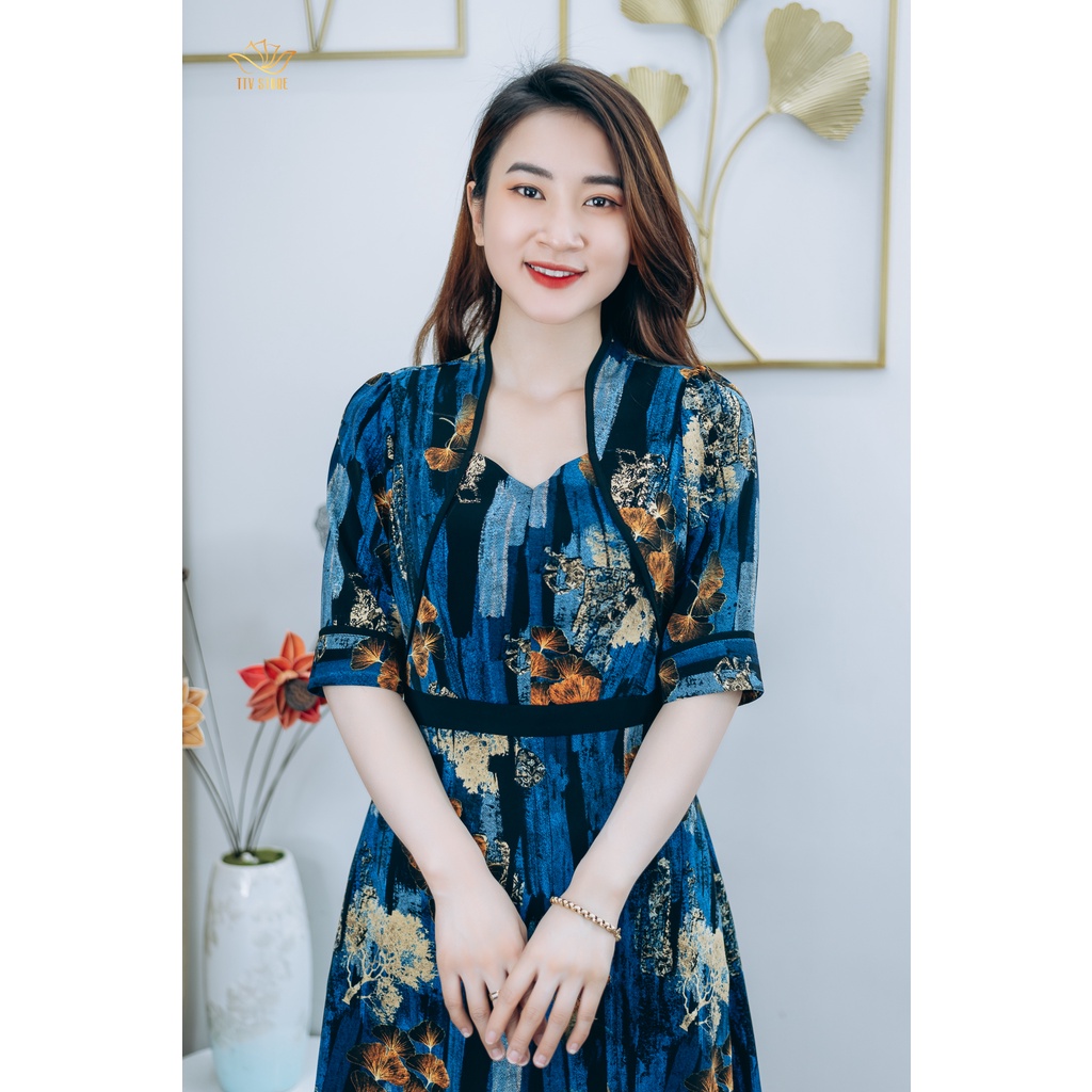 Đầm xòe thiết kế trung niên sang trọng Cổ lục giác tay lỡ màu Xanh họa tiết TTV STORE TTV1247
