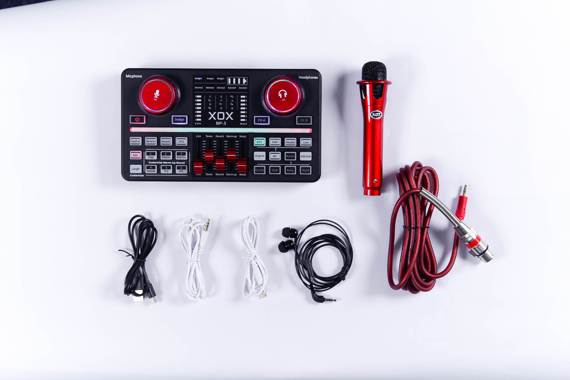 Combo livestream chuyên nghiệp XOX BP3 bao gồm đầy đủ sound card USB, micro và tai nghe tích hợp Bluetooth, reverb, auto-tune và voive-changing, nút chức năng hiệu ứng kép - Hàng chính hãng