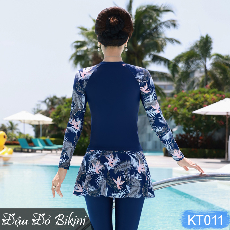Bộ đồ bơi trung tuổi kín chống nắng, áo bơi dài tay cho mẹ và bà, quần dài mix cùng chân váy rời tránh lộ bụng, chất đẹp | KT011