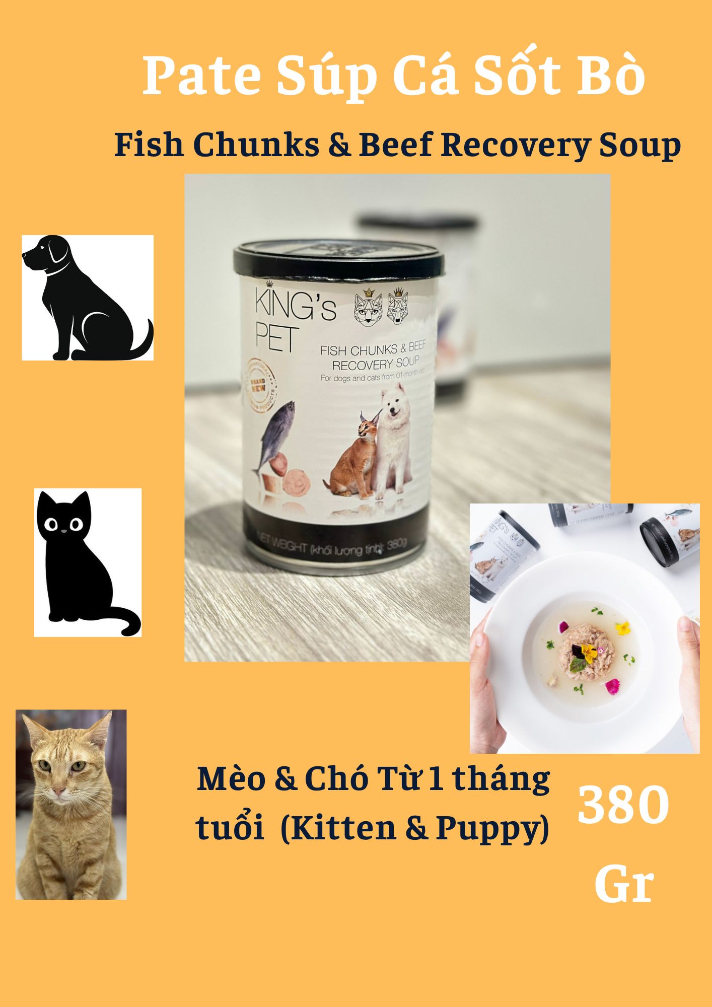 King's Pet-Pate Súp Cá Sốt Bò lon 380Gr cho CHÓ & MÈO từ 1 tháng tuổi [Fish Chunks & Beef Recovery Soup]