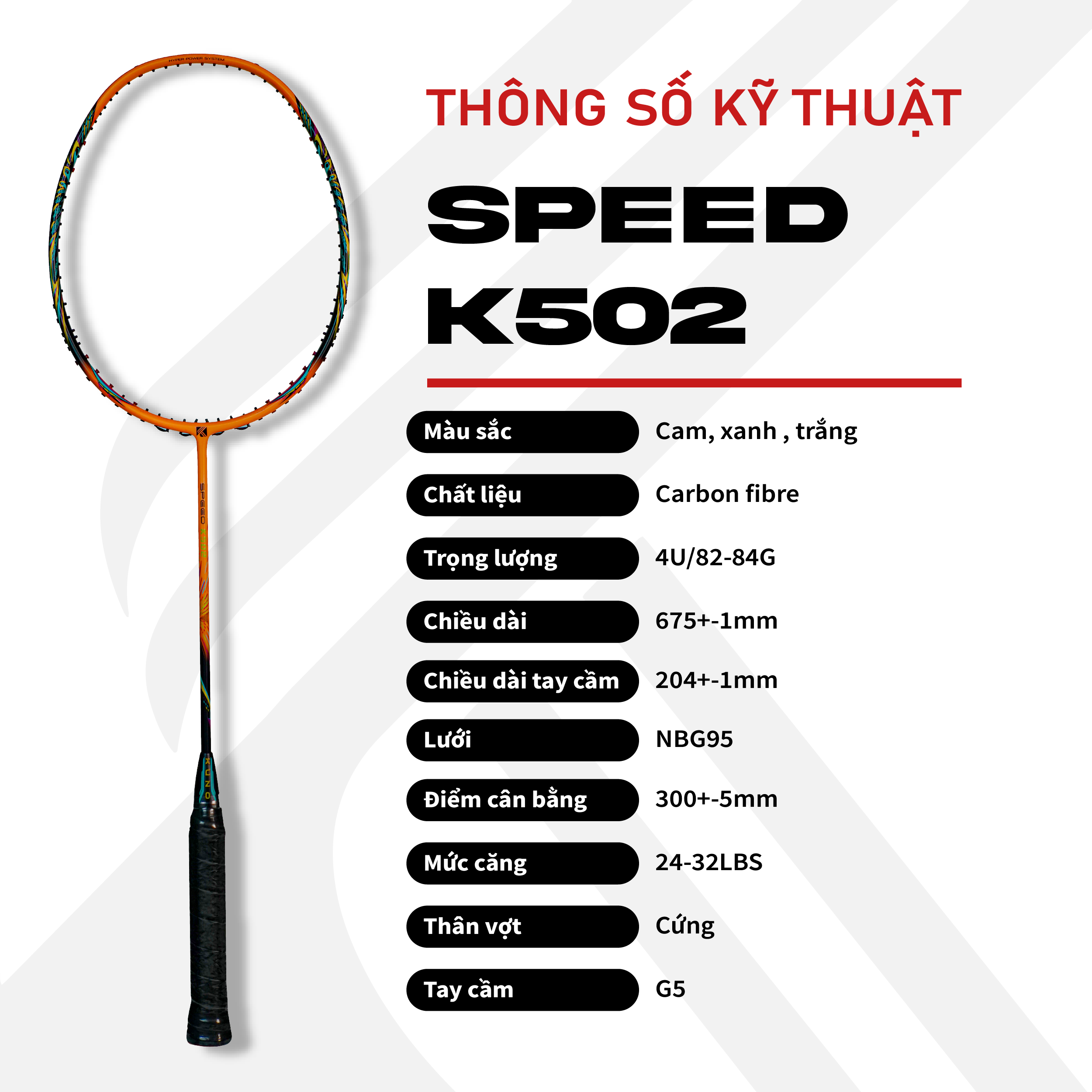 Vợt Cầu Lông 4U KUNO Speed K502 Carbon Chính Hãng, Chuyên Tấn Công Phiên Bản Nâng Cấp Mới, Được Lựa Chọn Mức Căng 1 Cây