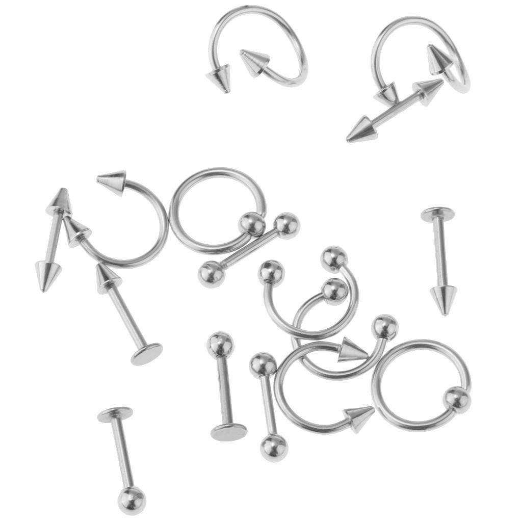 16 Pieces 16g Stainless Steel Assorted Eyebrow Ear Lip Navel