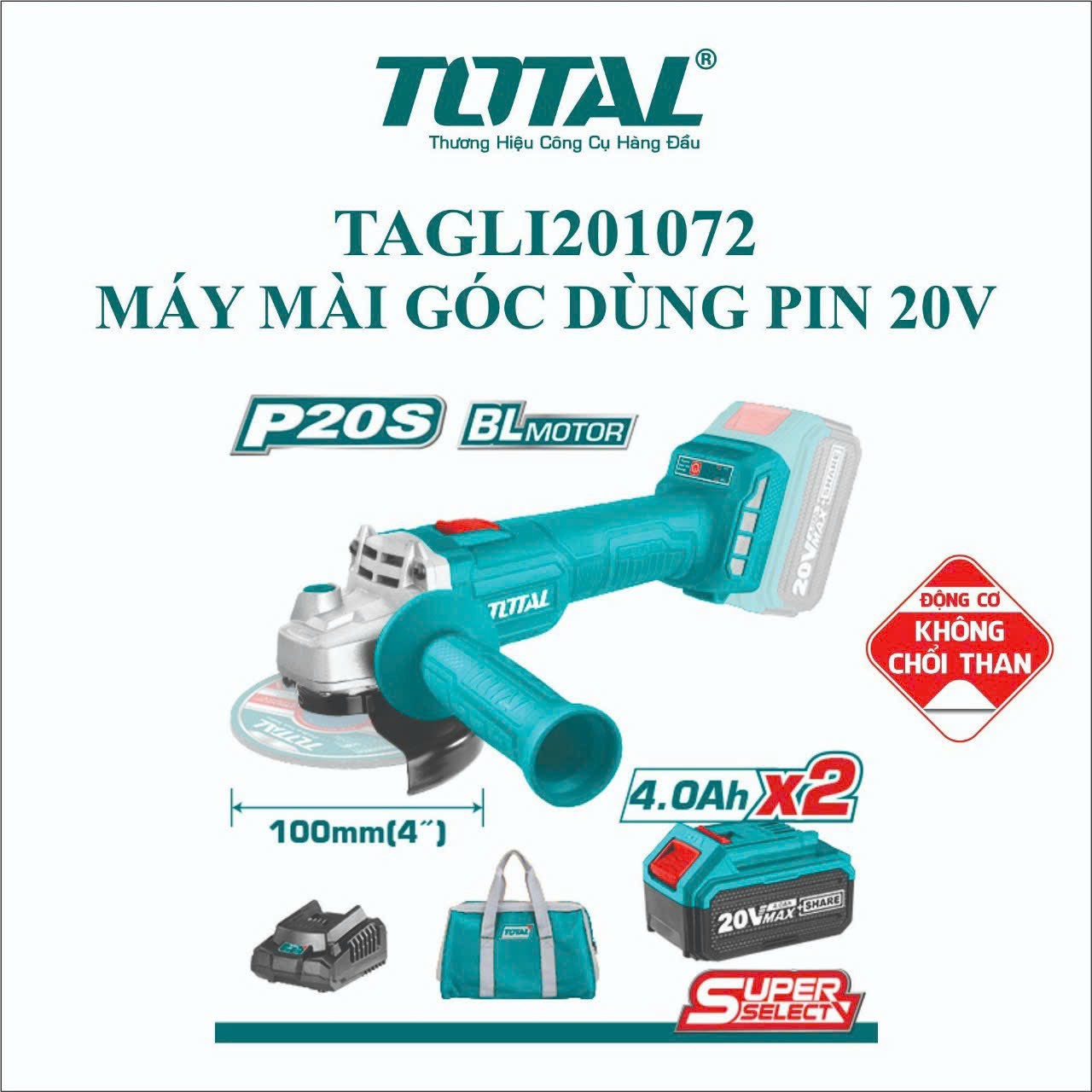 Máy mài góc  dùng pin  Lithium 20V total TAGLI201072 KÈM PIN SẠC - CHÍNH HÃNG