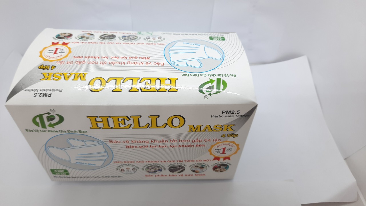 KHẨU TRANG Y TÊ HELLO MASK MÀU TRẮNG (4 LỚP, HỘP 50 CÁI)