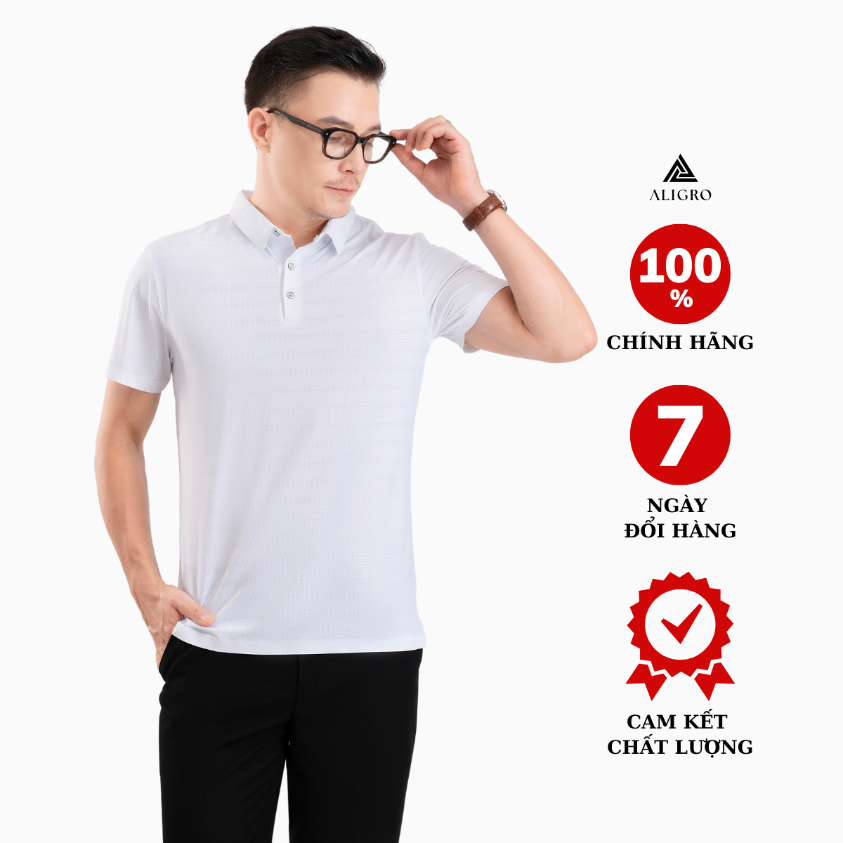 Áo polo golf nam ngắn tay ALIGRO chất vải coolmax kẻ ngang màu trắng năng động ALGPLO116