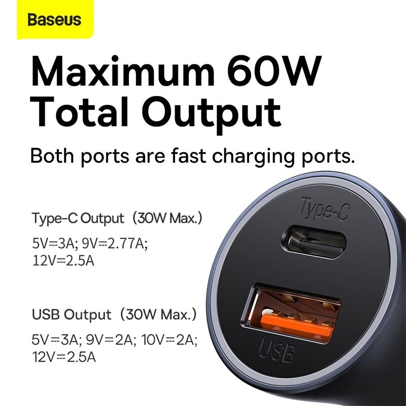 Tẩu Sạc Ô Tô Baseus Golden Contactor Max Dual Fast Charger Car Charger 60W - Hàng Chính Hãng