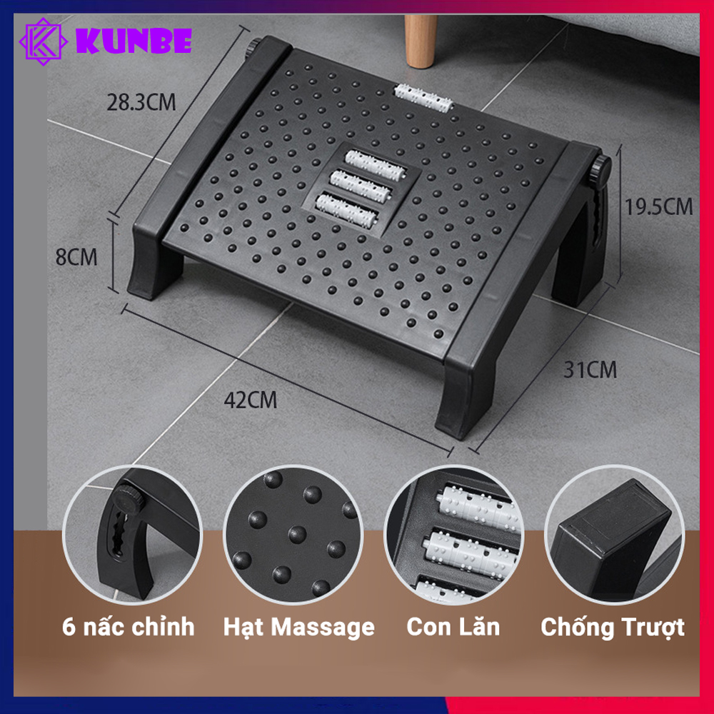 Ghế Gác Chân Văn Phòng Công Thái Học Ergonomic Footrest KUNBE Điều Chỉnh 6 Mức Chiều Cao Massage Chân Bản Cao Cấp