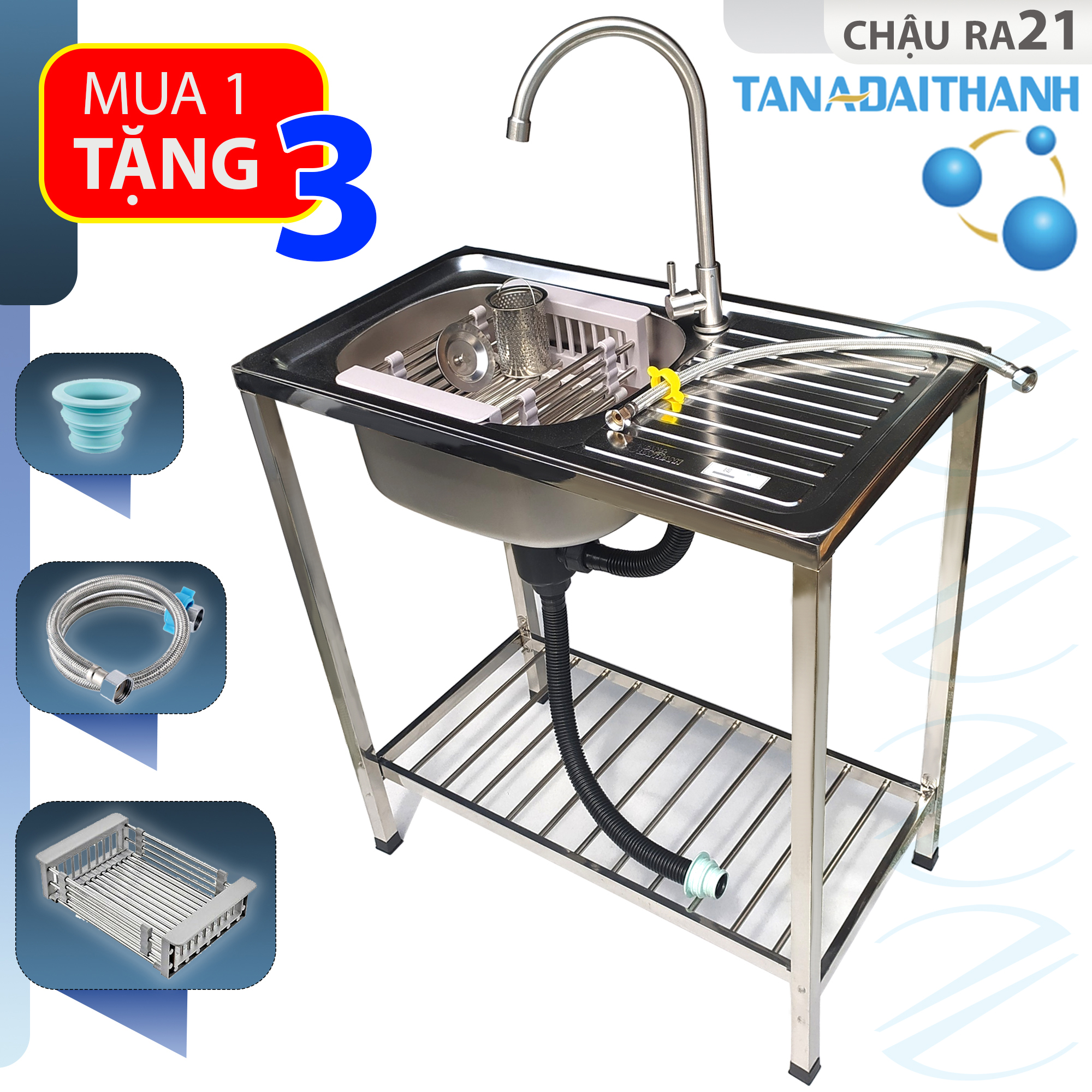 Bộ Chậu rửa bát Tân Á Đại Thành RA21 Loại 1 Hộc 1 Cánh Có Chân Kèm Vòi Nước Lạnh - Hàng chính hãng Tặng rổ rút, dây cấp, đầu nối ống xả