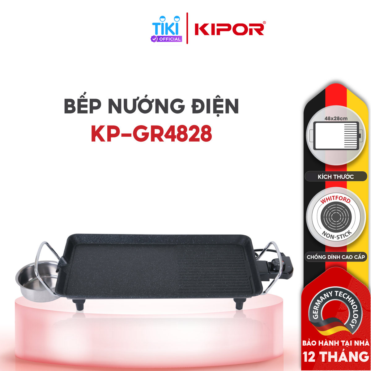 Bếp nướng điện không khói KIPOR KP-GR4828 - Mặt bếp lớn phủ chống dính WHITFORD của USA cao cấp dễ vệ sinh -Hàng chính hãng