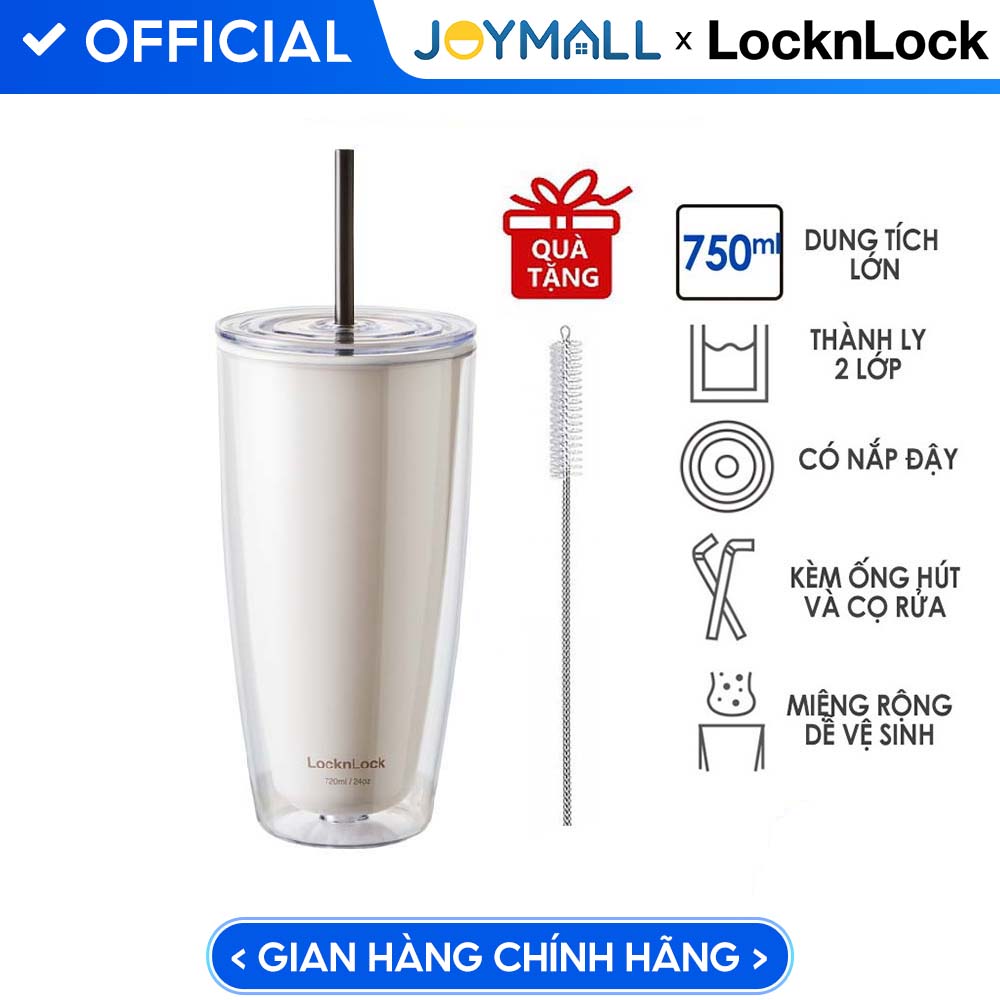 Ly Nhựa 2 Lớp Lock&Amp;Lock Hap507 750Ml - Hàng Chính Hãng, Có Ống Hút, Có Nắp Đậy - Tặng Kèm Cọ Rửa - Trắng Ngà