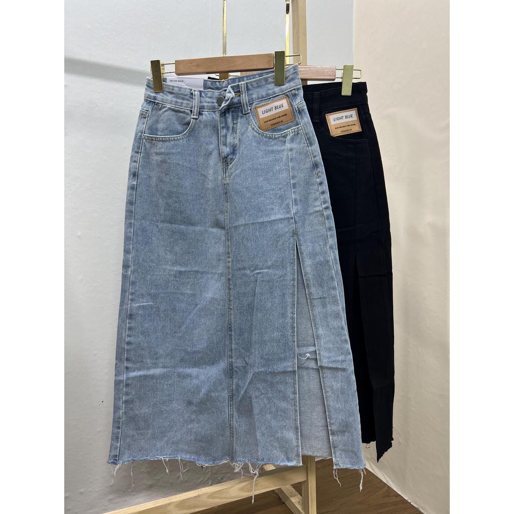 MS1081 Chân váy bò xẻ tà dáng dài, chân váy denim