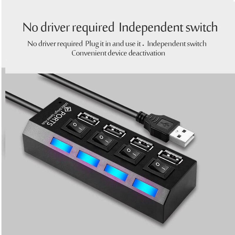 USB 2.0 Hub Multi USB Splitter Hub Use Power Adapter 4Port Multiple Expander USB Hub with Switch 30CM Cable