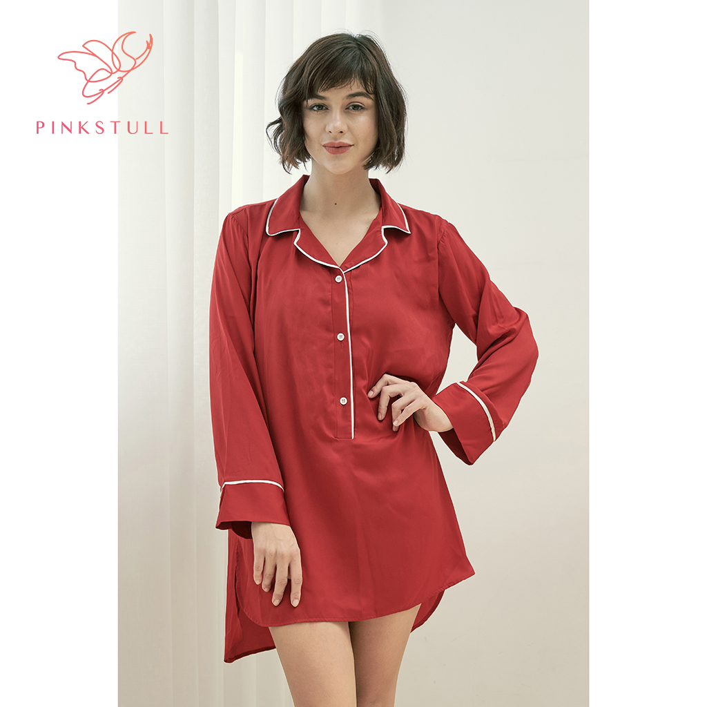 Áo ngủ lụa Pijama Pink Stull đỏ đô viền trắng