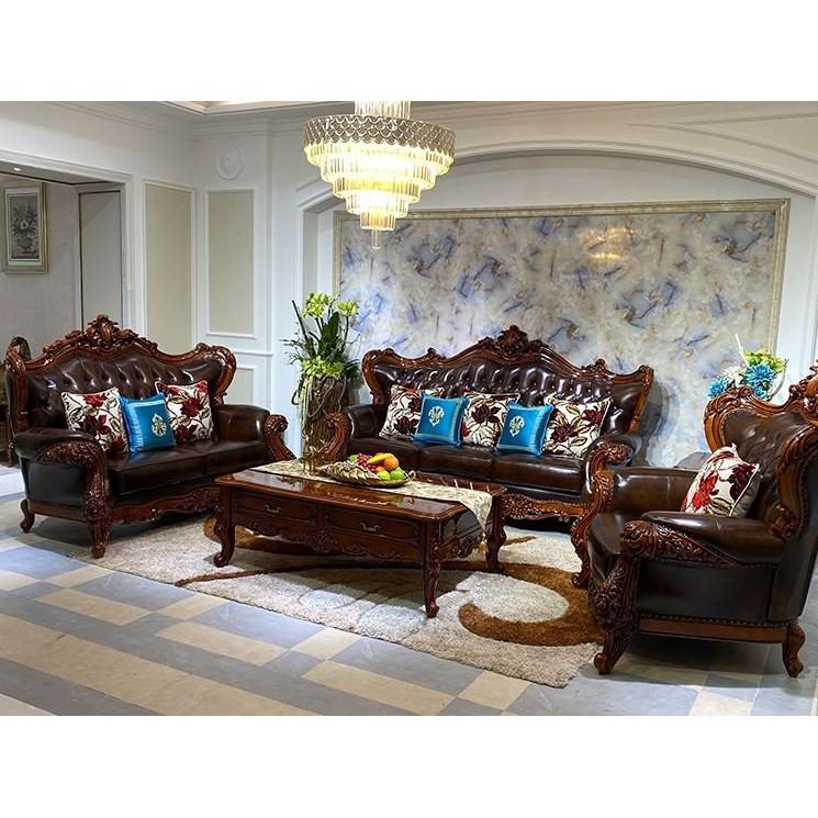 Sofa chạm khắc tinh xảo sơn 7 lớp phủ bóng công nghệ cao chống mối mọt và da bò Italya nguyên miếng SOFA-2062-NAU