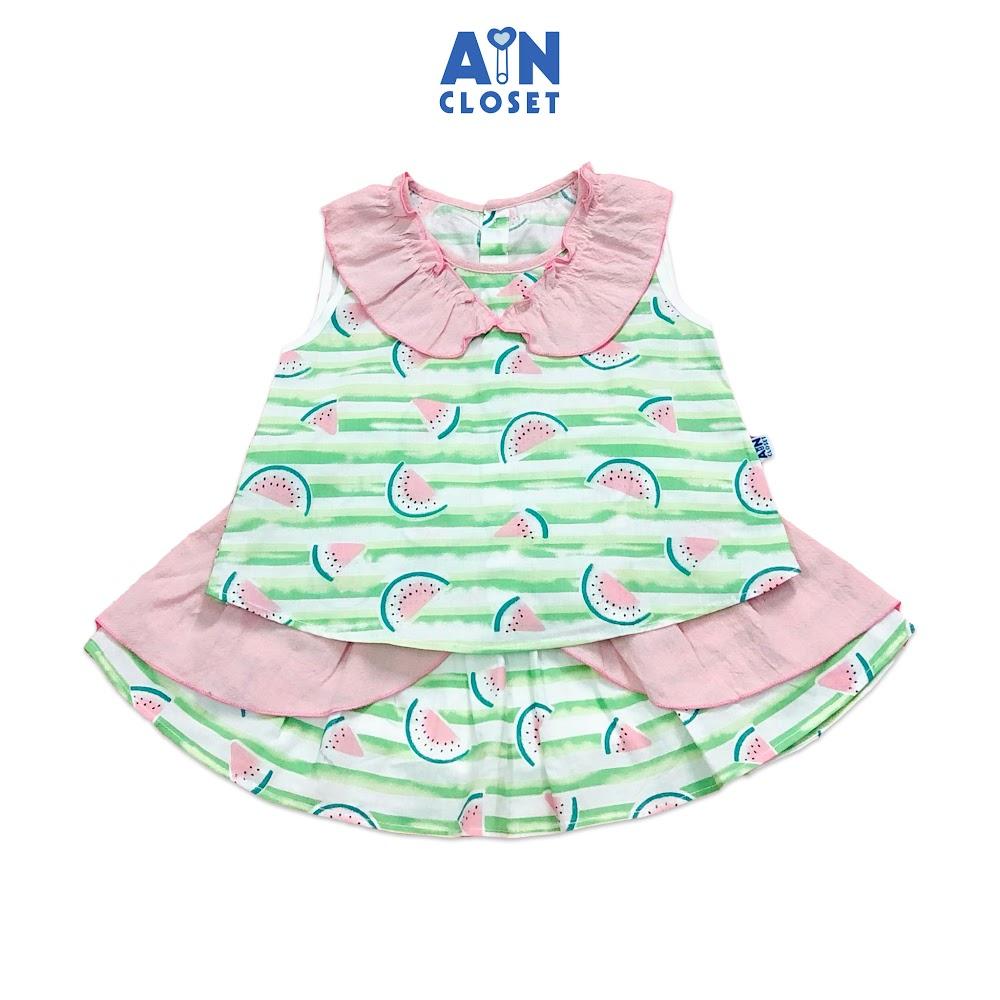 Bộ áo váy ngắn bé gái họa tiết Dưa hấu kẻ xanh cotton - AICDBGFUWYVL - AIN Closet