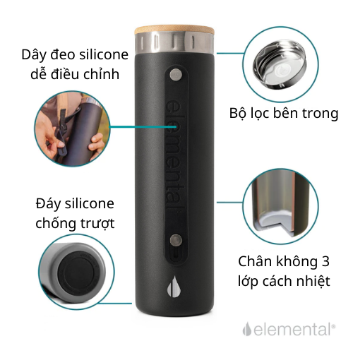 Bình giữ nhiệt Elemental Iconic màu đen 590ml, giữ nhiệt vượt trội, inox 304, FDA Hoa Kì, An toàn sức khỏe, có lưới lọc