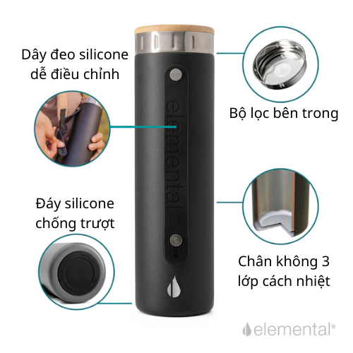 [Hàng chính hãng – Thương hiệu Mỹ] Bình giữ nhiệt Elemental Iconic màu đen 590ml, giữ nhiệt vượt trội, inox 304, FDA Hoa Kì, An toàn sức khỏe, có lưới lọc