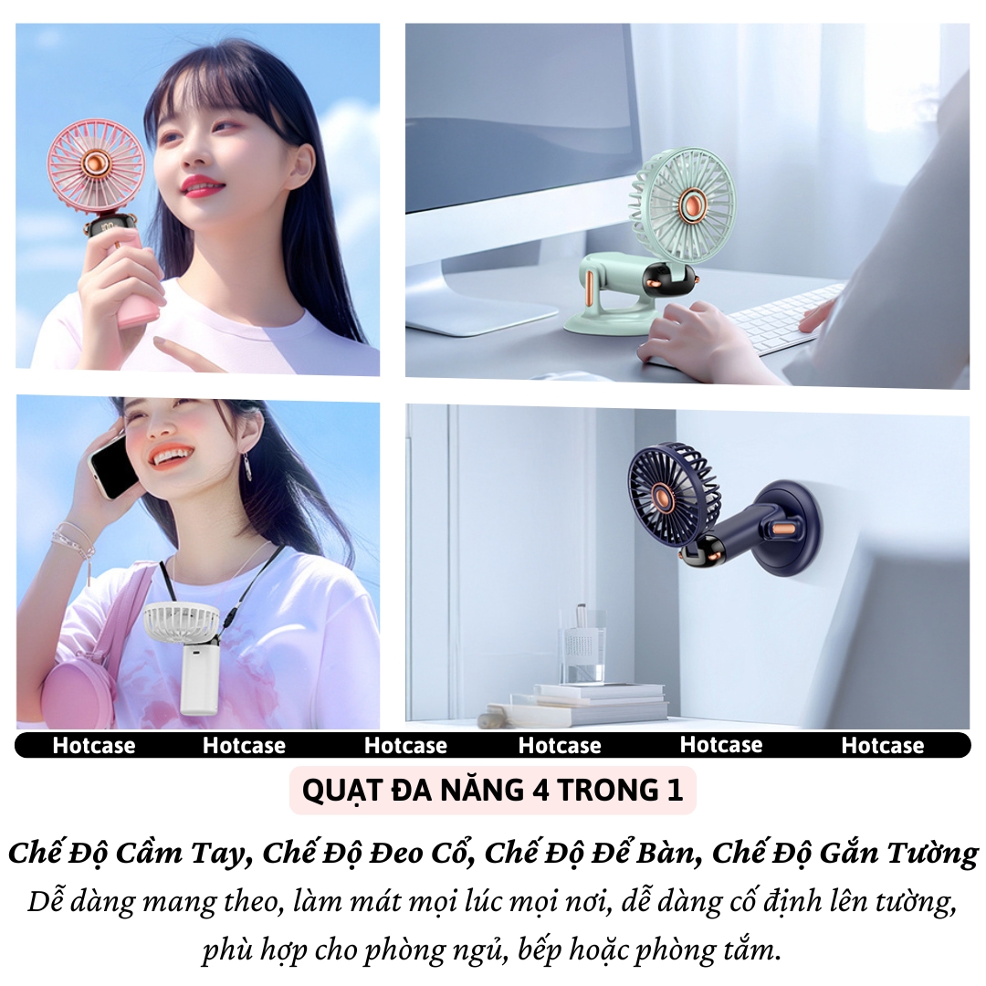 Quạt Cầm Tay, để bàn, gắn tường Turbo công suất cao hiệu HOTCASE Swivel Pin 4000mAh,Đèn Led hiển thị, 05 Cấp Độ Gió, Gió Mạnh, Êm, Pin Khủng, Siêu Nhỏ Gọn, tích điện sạc, mini cầm tay - Hàng nhập khẩu