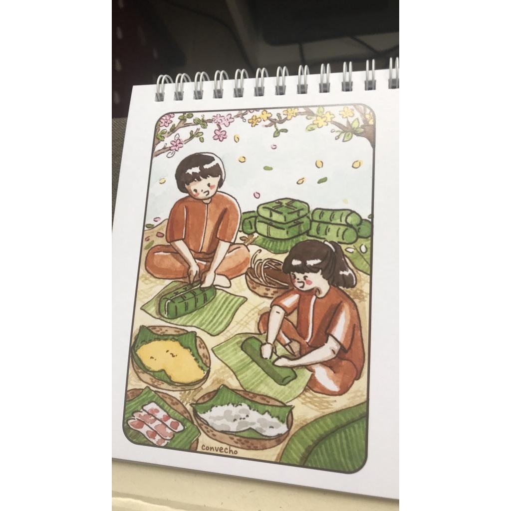 Postcard thiệp tô màu "Đón tết" của @convecho, giấy vẽ coldpress 300gsm