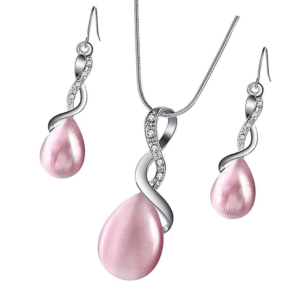 Necklace Earrings Set Waterdrop Teardrop Bridal Jewelry Set Pink + Pink