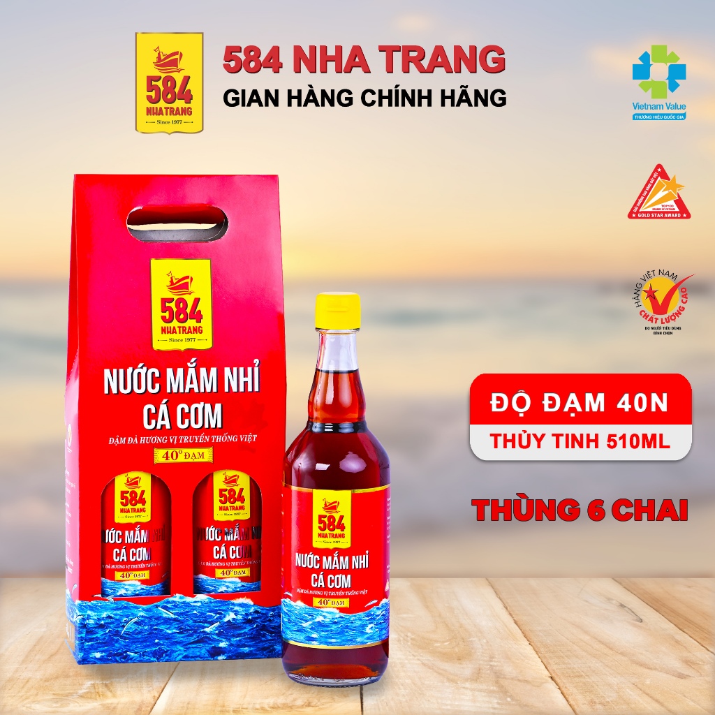 Thùng 6 chai Nước mắm Nhỉ Cá cơm - 584 Nha Trang - Loại 40 độ đạm - Chai thủy tinh 500ml, Date luôn mới
